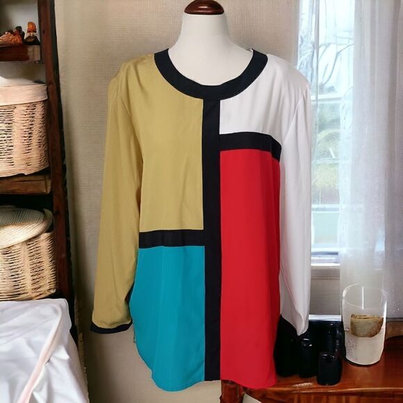 Galinda Wang Career Blouse 16W Silky Plus Size Colorblock Office Siren Corpcore - Picture 12 of 15